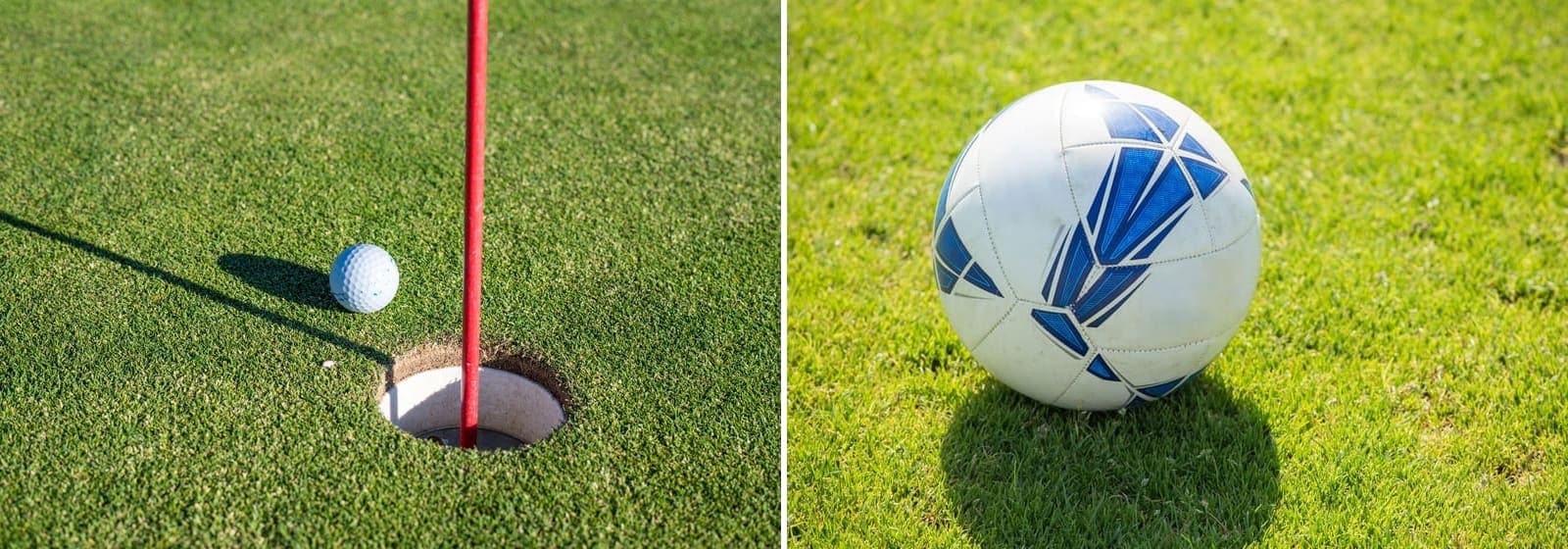 A golf ball beside a hole with a red flagstick on the left, and a soccer ball on grass on the right