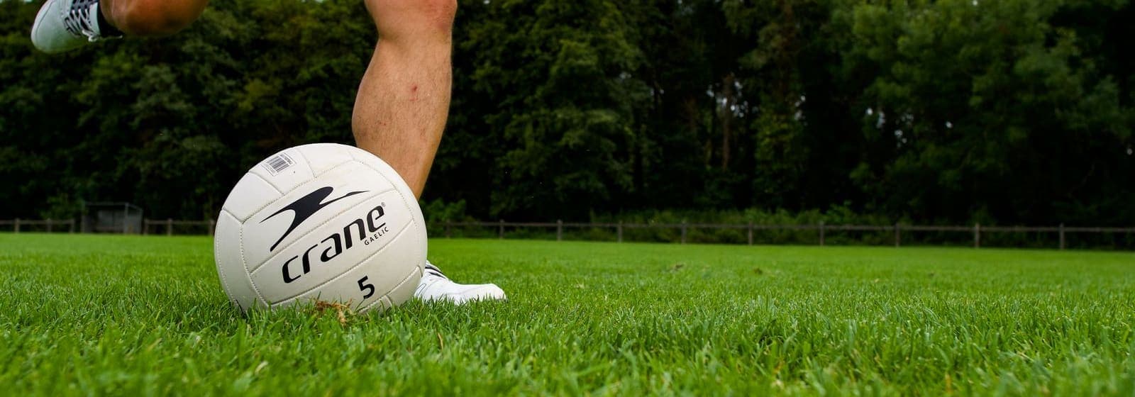A player's foot beside a white soccer ball on a freshly cut lawn, ready to kick