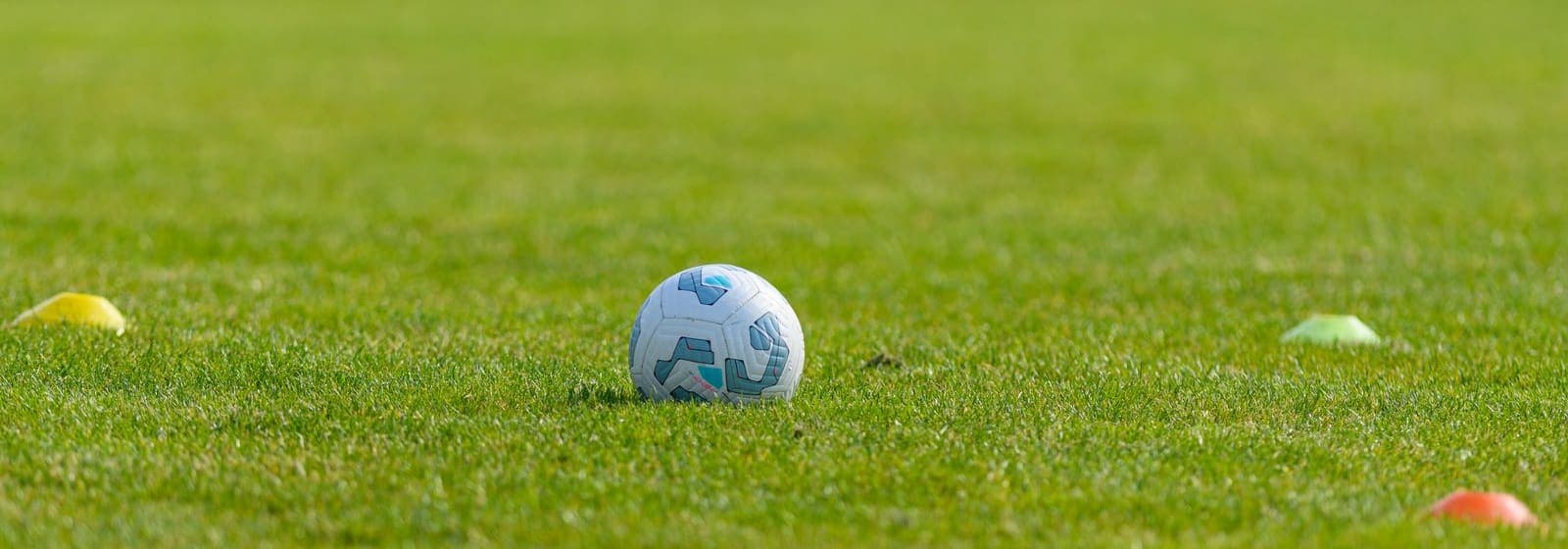 A soccer ball on a lush grass field with small yellow, green, and orange practice cones