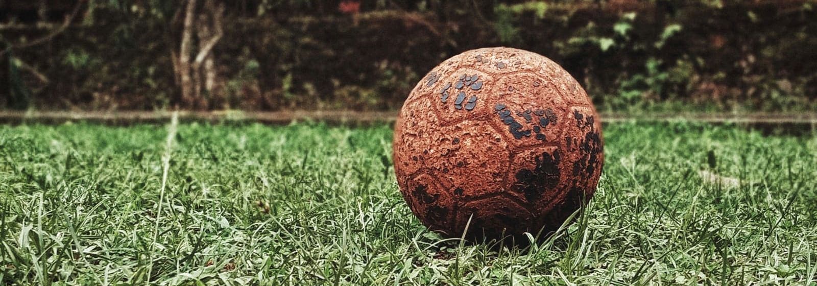 A weathered old soccer ball resting in the grass